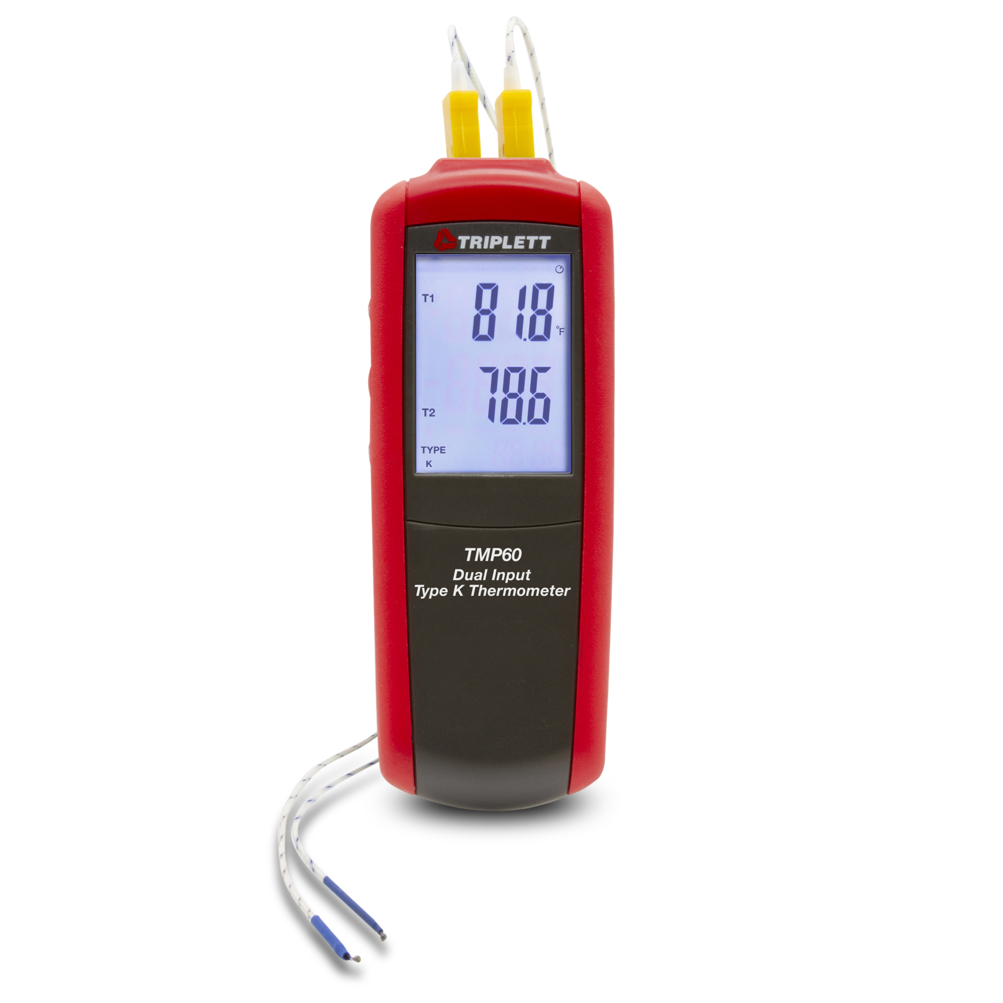 Triplett Dual Input Thermometer — Type K/J, -328 to 2501Â°F/-200 to 1372Â°C, Backlit Display, Model# TMP60